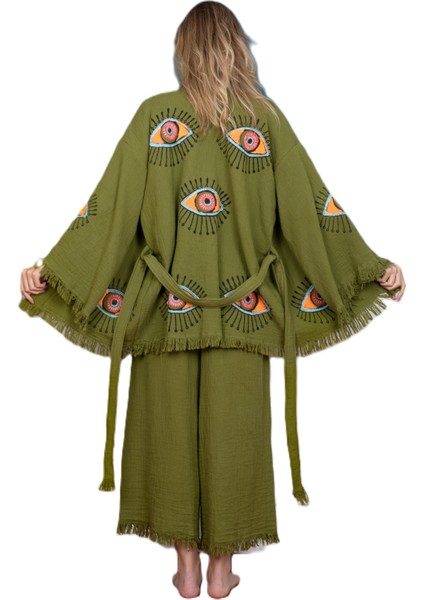 Krizantem / Yeşil Pantolon Ceket Takım -Kimono /Kaftan /Bornoz