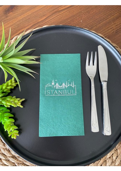 Gümüş Yaldızlı Yeşil Istanbul Peçete 16 Adet