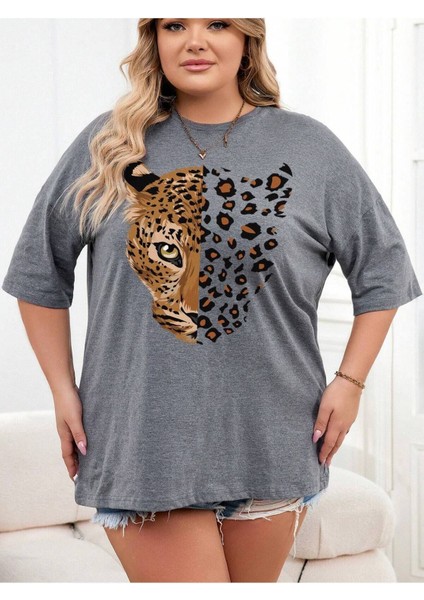 Jakinta Outdoors Kadın Büyük Beden Leopar Baskı Ara Beden Tshirt