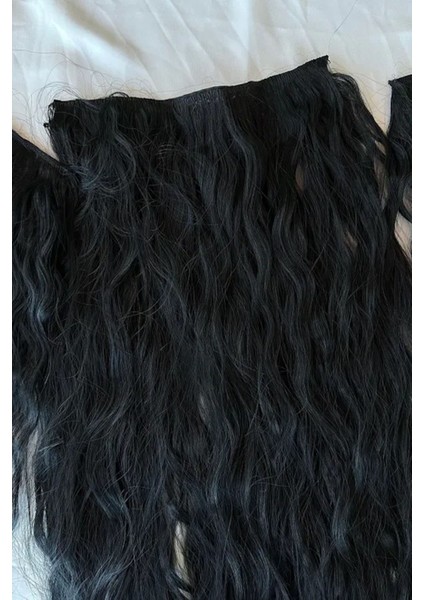 Isıya Dayanıklı Yıkanabilir Yarımay Çıt Çıt Saç 1#SIYAH-DALGALI-60CM-110 Gr+2 Adet Yan Çıtçıt Saç