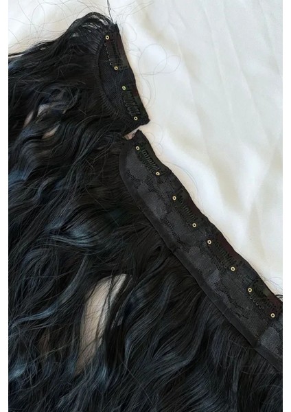 Isıya Dayanıklı Yıkanabilir Yarımay Çıt Çıt Saç 1#SIYAH-DALGALI-60CM-110 Gr+2 Adet Yan Çıtçıt Saç