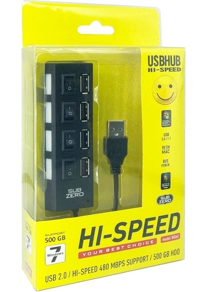 WD60 4 Port USB Çoklayıcı 2,0 USB Hub Anahtarlı Işıklı