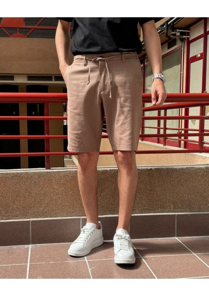 Erkek, Bel Bağcıklı, Regular Fit, Old Money Culture, Pamuklu, Keten Dokuma Şort 24INP284