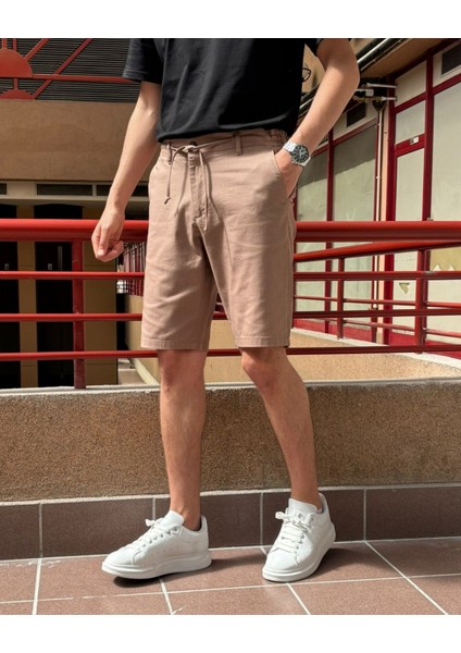 Erkek, Bel Bağcıklı, Regular Fit, Old Money Culture, Pamuklu, Keten Dokuma Şort 24INP284