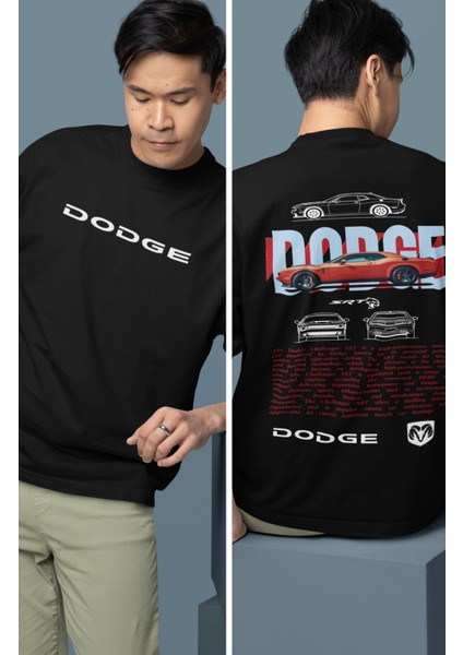 Oversize Turuncu Dodge Srt Sırt Baskılı Tişört, Erkek-Kadın Araba Temalı Couple T-Shirt