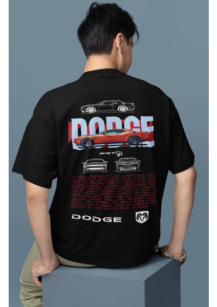 Oversize Turuncu Dodge Srt Sırt Baskılı Tişört, Erkek-Kadın Araba Temalı Couple T-Shirt modelleri