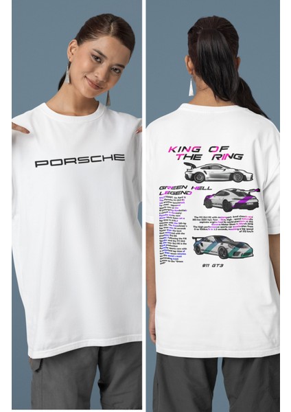 King Of The Ring Porsche 911 Sırt Baskılı Çift T-Shirt, Oversize Yarış Araba Temalı Tişört