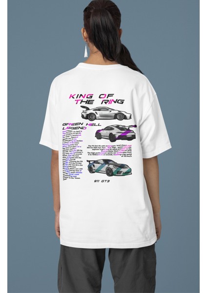 King Of The Ring Porsche 911 Sırt Baskılı Çift T-Shirt, Oversize Yarış Araba Temalı Tişört