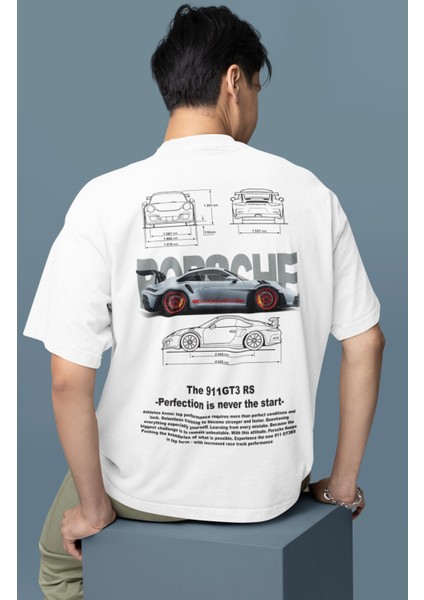 Oversize Grey Porsche 911 Gt3 Rs Srt Sırt Baskılı Tişört, Erkek-Kadın Araba Temalı Couple T-Shirt modelleri