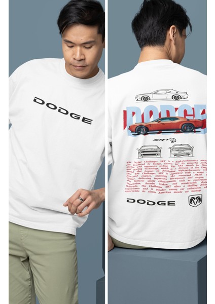 Oversize Turuncu Dodge Srt Sırt Baskılı Tişört, Erkek-Kadın Araba Temalı Couple T-Shirt