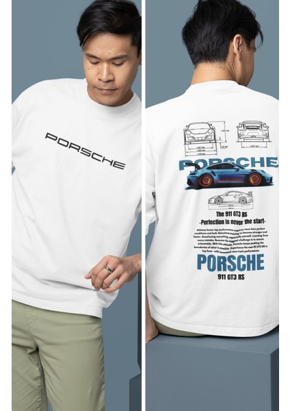 Oversize Mavi Porsche 911 Gt3 Rs Sırt Baskılı Tişört, Erkek-Kadın Araba Temalı Couple T-Shirt