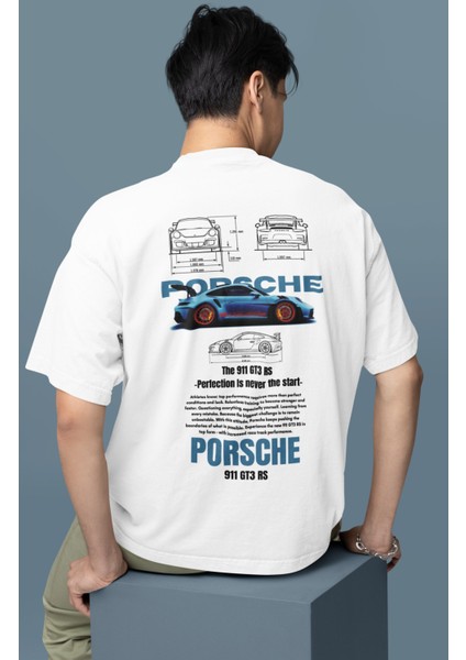 Oversize Mavi Porsche 911 Gt3 Rs Sırt Baskılı Tişört, Erkek-Kadın Araba Temalı Couple T-Shirt modelleri