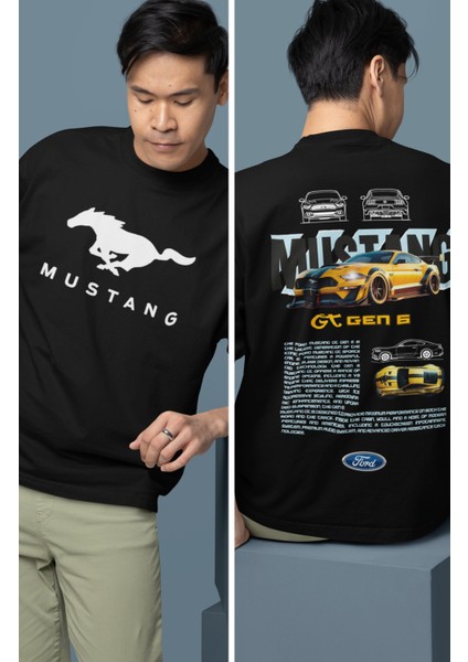 Oversize Mustang Gen 5 Sırt Baskılı Tişört, Erkek-Kadın Araba Temalı Couple T-Shirt