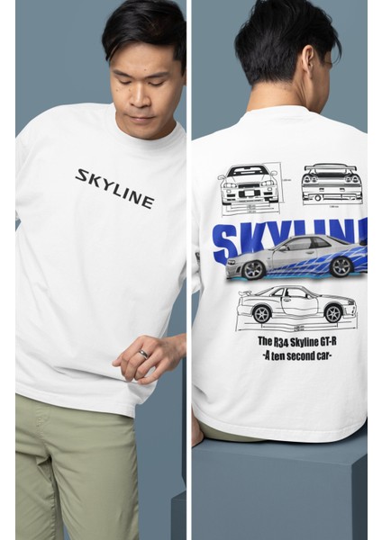 Oversize Mavi Gtr 34 Nissan Skyline Sırt Baskılı Tişört, Erkek-Kadın Araba Temalı Couple T-Shirt