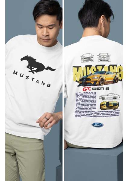 Oversize Mustang Gen 5 Sırt Baskılı Tişört, Erkek-Kadın Araba Temalı Couple T-Shirt