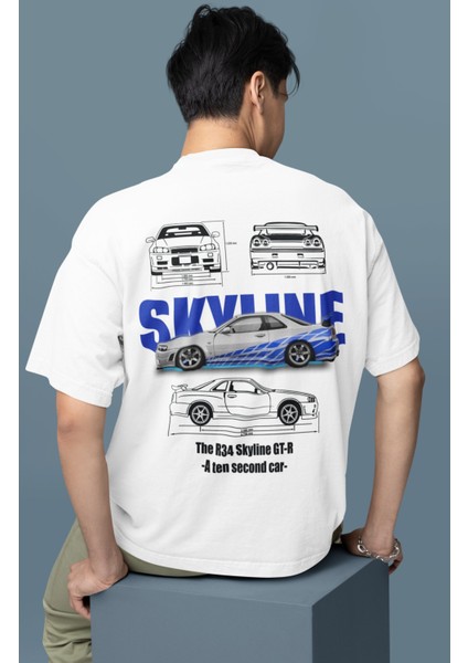 Oversize Mavi Gtr 34 Nissan Skyline Sırt Baskılı Tişört, Erkek-Kadın Araba Temalı Couple T-Shirt modelleri