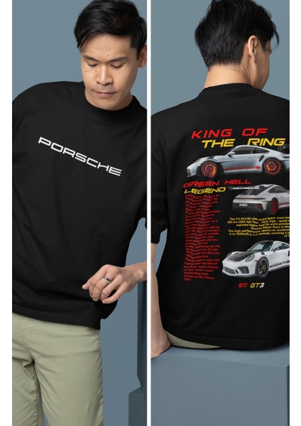 Oversize Porsche 911 Gt3 Sırt Baskılı Tişört, Erkek-Kadın Araba Temalı Couple T-Shirt
