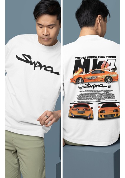 Oversize Toyota Supra Mk4 Sırt Baskılı Tişört, Erkek-Kadın Araba Temalı Couple T-Shirt