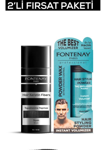 Saç Dolgunlaştırıcı Keratin Fibers Siyah Topik Saç Tozu 50GR + Matt Effect Toz Wax 2'li Set