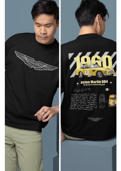 Oversize Sarı Aston Martin Sırt Baskılı Tişört, Erkek-Kadın Araba Temalı Couple T-Shirt