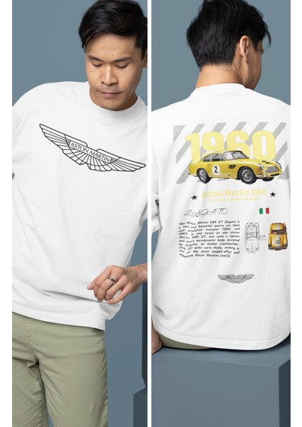 Oversize Sarı Aston Martin Sırt Baskılı Tişört, Erkek-Kadın Araba Temalı Couple T-Shirt