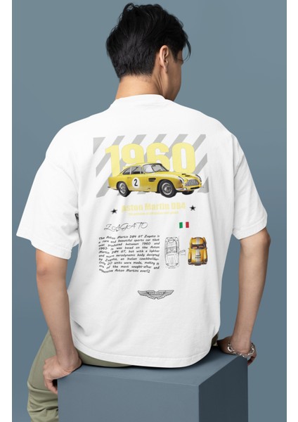 Oversize Sarı Aston Martin Sırt Baskılı Tişört, Erkek-Kadın Araba Temalı Couple T-Shirt modelleri
