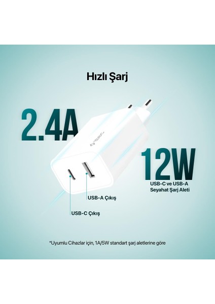2.4A 12W Akım ve Isı Korumalı Type C ve USB Girişli Şarj Adaptörü Başlığı, Universal Şarj Aleti