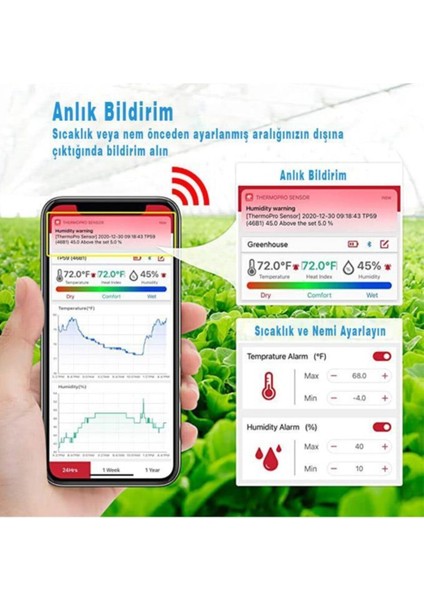 TP359 Bluetooth Limit Aşım Uyarılı Iç Mekan Dijital Isı ve Nem Ölçer Termometre