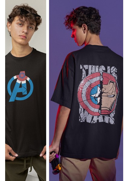 Fuddy Moda Captan America Sırt Baskılı Tişört, Erkek-Kadın Marvel Film Temalı T-Shirt