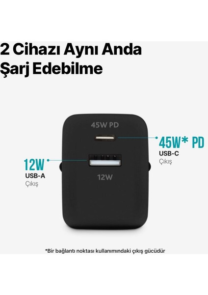 Polham Ttec Pd 45W 1x Type C ve 1x USB Girişli Şarj Adaptörü, Akım ve Isı Korumalı Süper Hızlı Başlık