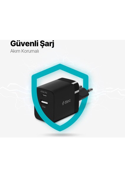 Polham Ttec Pd 45W 1x Type C ve 1x USB Girişli Şarj Adaptörü, Akım ve Isı Korumalı Süper Hızlı Başlık