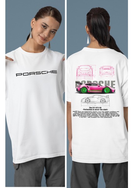 Unisex Pembe Porsche The 911 Gt3 Rs Sırt Baskılı Çift T-Shirt, Oversize Yarış Araba Temalı Tişört