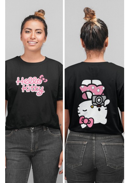 Fotografçı Hello Kitty Sırt Baskılı T-Shirt, Kadın Kawaii Hello Kitty Baskılı Tişört