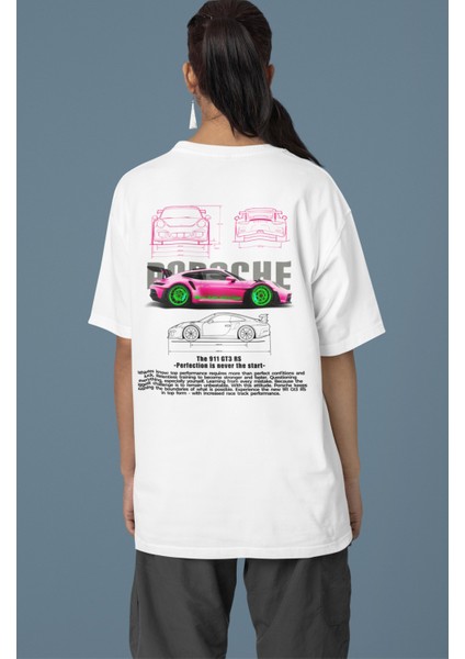 Unisex Pembe Porsche The 911 Gt3 Rs Sırt Baskılı Çift T-Shirt, Oversize Yarış Araba Temalı Tişört