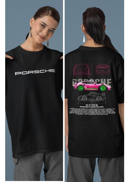 Unisex Pembe Porsche The 911 Gt3 Rs Sırt Baskılı Çift T-Shirt, Oversize Yarış Araba Temalı Tişört
