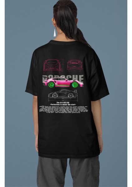 Unisex Pembe Porsche The 911 Gt3 Rs Sırt Baskılı Çift T-Shirt, Oversize Yarış Araba Temalı Tişört modelleri