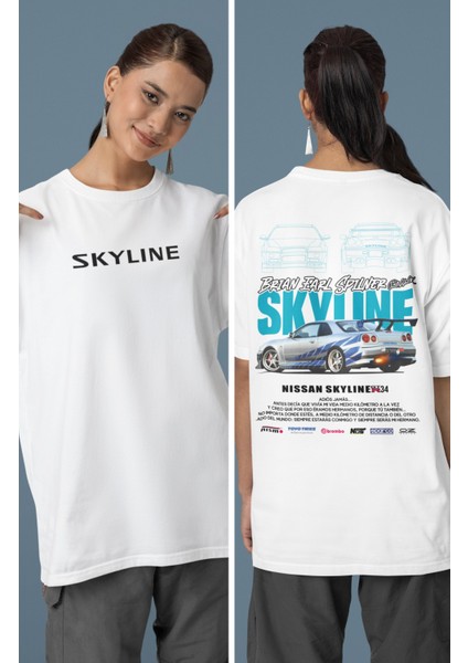 Unisex Turkuaz Skyline GTR34 Sırt Baskılı Çift T-Shirt, Oversize Yarış Araba Temalı Tişört