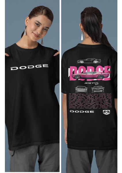 Unisex Srt Turuncu Dodge Sırt Baskılı Çift T-Shirt, Oversize Yarış Araba Temalı Tişört