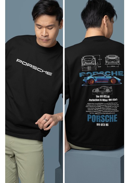 Oversize Mavi Porsche 911 Gt3 Rs Sırt Baskılı Tişört, Erkek-Kadın Araba Temalı Couple T-Shirt