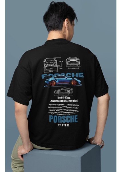 Oversize Mavi Porsche 911 Gt3 Rs Sırt Baskılı Tişört, Erkek-Kadın Araba Temalı Couple T-Shirt modelleri
