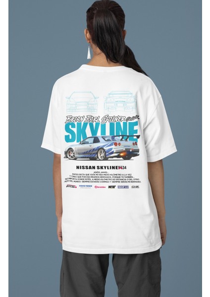 Unisex Turkuaz Skyline GTR34 Sırt Baskılı Çift T-Shirt, Oversize Yarış Araba Temalı Tişört