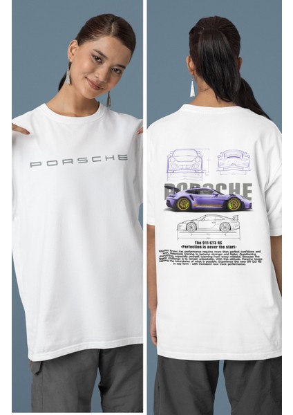 Unisex Mor Porsche 911 Sırt Baskılı Çift T-Shirt, Oversize Yarış Araba Temalı Tişört