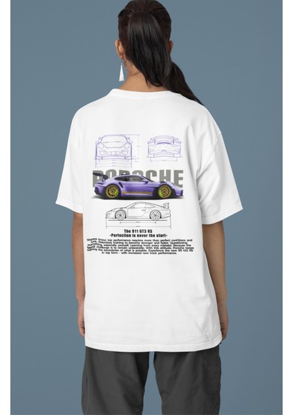 Unisex Mor Porsche 911 Sırt Baskılı Çift T-Shirt, Oversize Yarış Araba Temalı Tişört modelleri