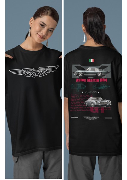 Unisex Kırmızı Aston Martin Db4 Sırt Baskılı Çift T-Shirt, Oversize Yarış Araba Temalı Tişört