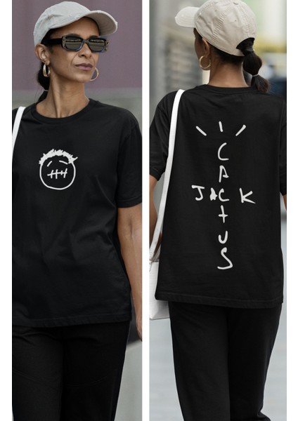 Travis Scott Logo Sırt Baskılı T-Shirt, Unisex Jack Cactüs Baskılı Tişört