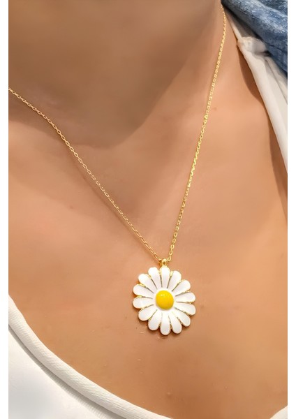14K Gold Renk Sarı Mineli Kadın Papatya Kolye bbk18