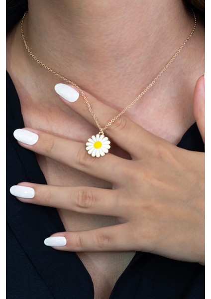 14K Gold Renk Sarı Mineli Kadın Papatya Kolye bbk18