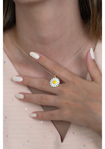 14K Gold Renk Sarı Mineli Kadın Papatya Kolye bbk18