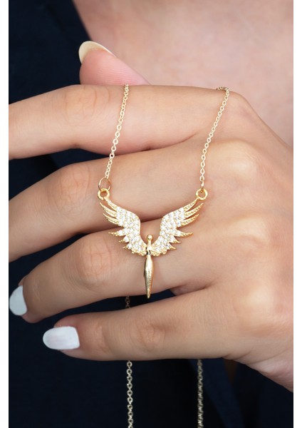 Gold Renk Kaplama Taşlı Sarı Mikail Meleği Kadın Kolye bbk19s