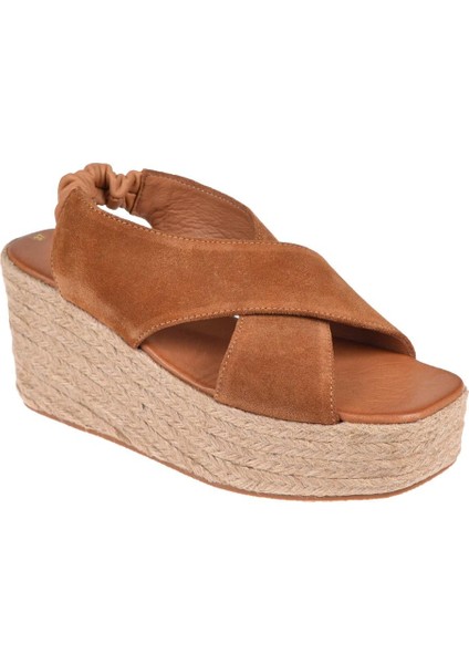 Hakiki Deri Hasır Taban Kadın Sandalet MAK-1218 Taba Süet